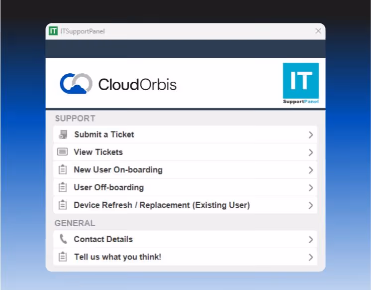 Screenshot of ITSupportPanel interface titled CloudOrbis IT SupportPanel with menu options for submitting tickets, viewing tickets, onboarding and offboarding users, device refresh, and contact details.