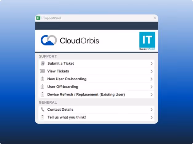 IT support panel interface showing CloudOrbis logo with support options including Submit a Ticket, View Tickets, New User On-boarding, User Off-boarding, Device Refresh/Replacement, Contact Details, and feedback prompt.
